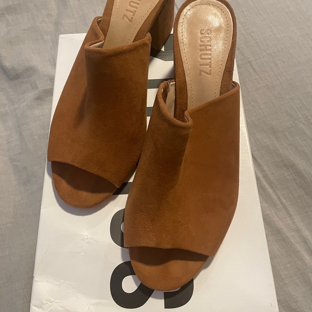 Schutz Brown Suede Mules with Block Heel